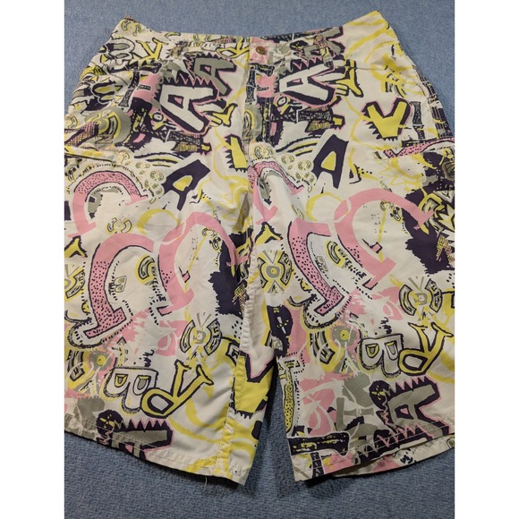 Reef Mens Board Shorts Graffiti Print Yellow Pink Navy Surf Swim Trunks 11.5in - Picture 2 of 7